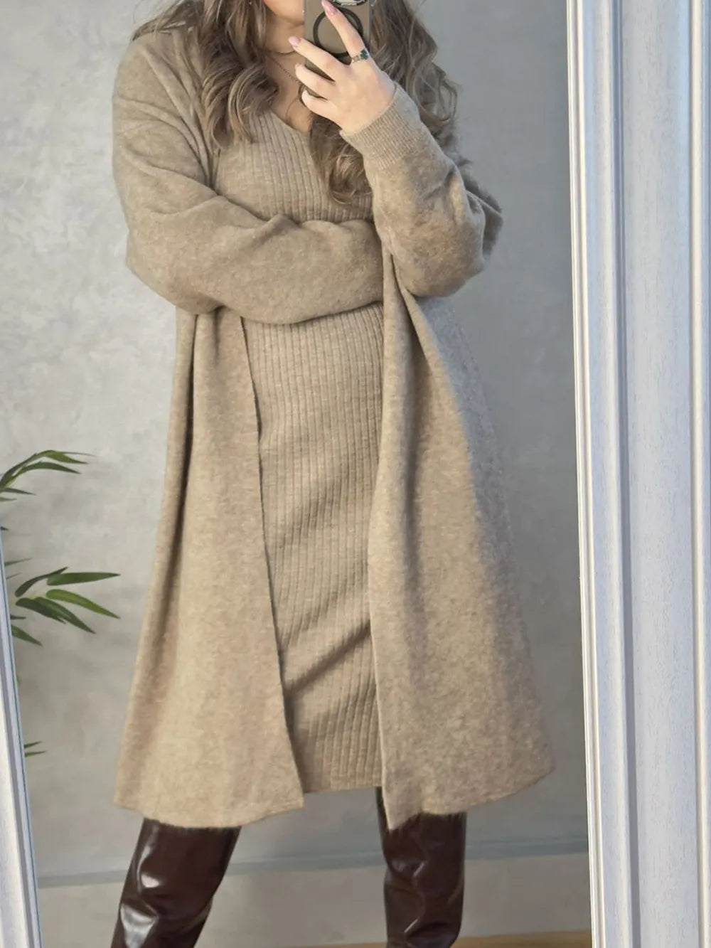 V-Neck Cami Dress and Open Front Cardigan Sweater Set Khaki One Size Easy Apparels
