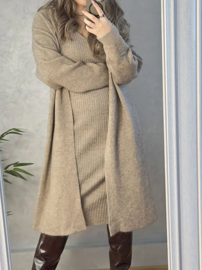 V-Neck Cami Dress and Open Front Cardigan Sweater Set Khaki One Size Easy Apparels