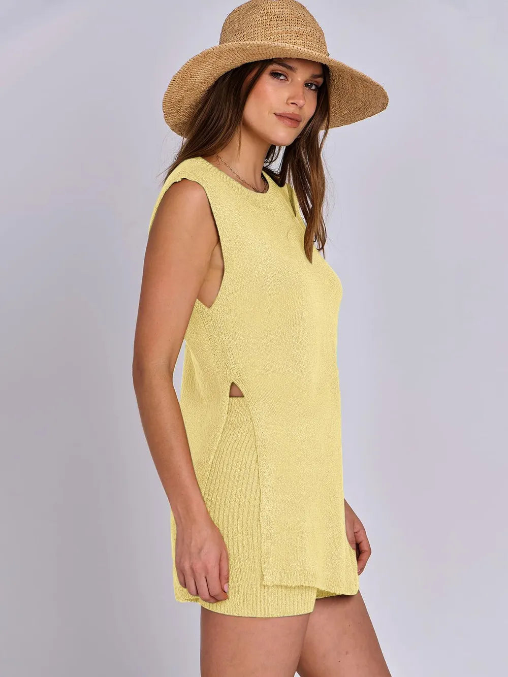 Side Slit Round Neck Tank and Ribbed Shorts Sweater Set Easy Apparels