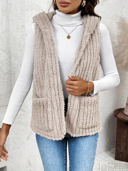 Fuzzy Hooded Vest with Pockets Easy Apparels