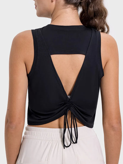 Millennia Drawstring Cutout Round Neck Active Tank Black Easy Apparels