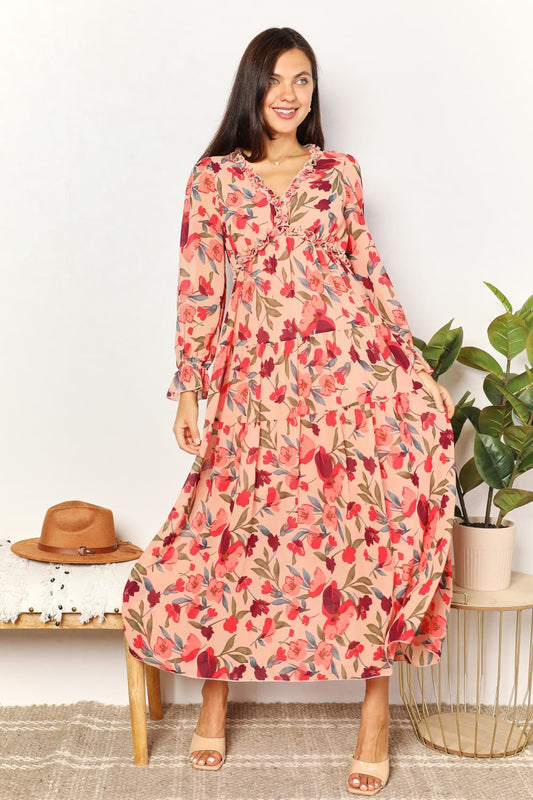 Double Take Floral Frill Trim Flounce Sleeve Plunge Maxi Dress Floral Easy Apparels