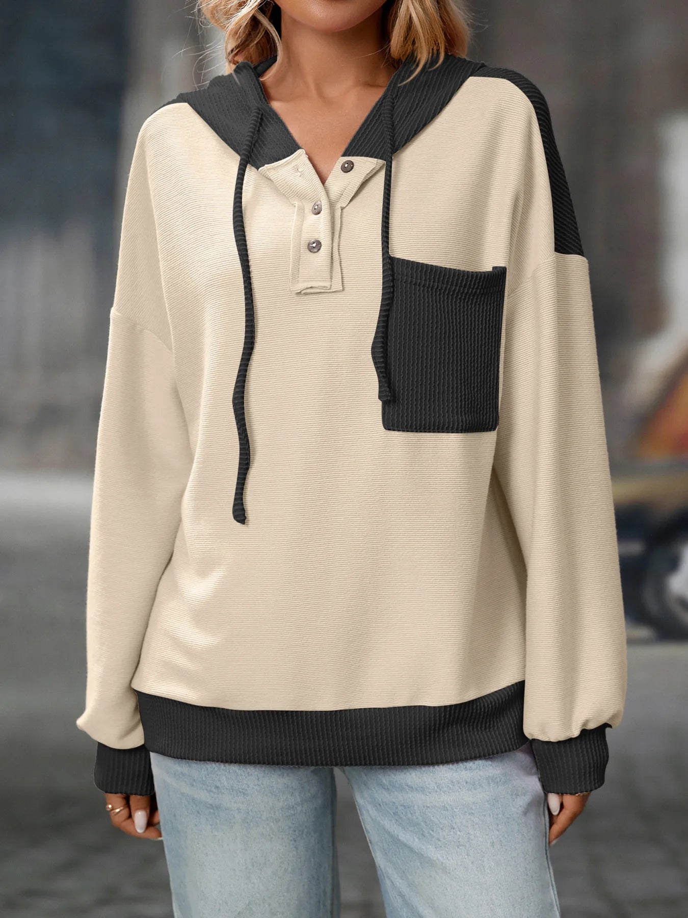 Trendsi Drawstring Button Detail Long Sleeve Hoodie
