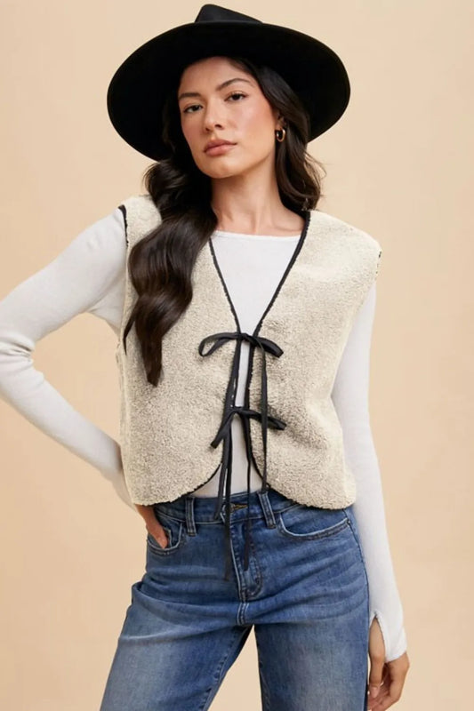 Annie Wear V-Neck Tie Detail Vest Coat Cream Easy Apparels
