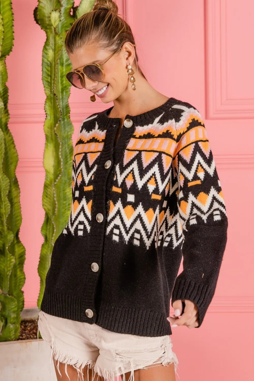 BiBi Ethnic Pattern Button Up Knit Cardigan Easy Apparels