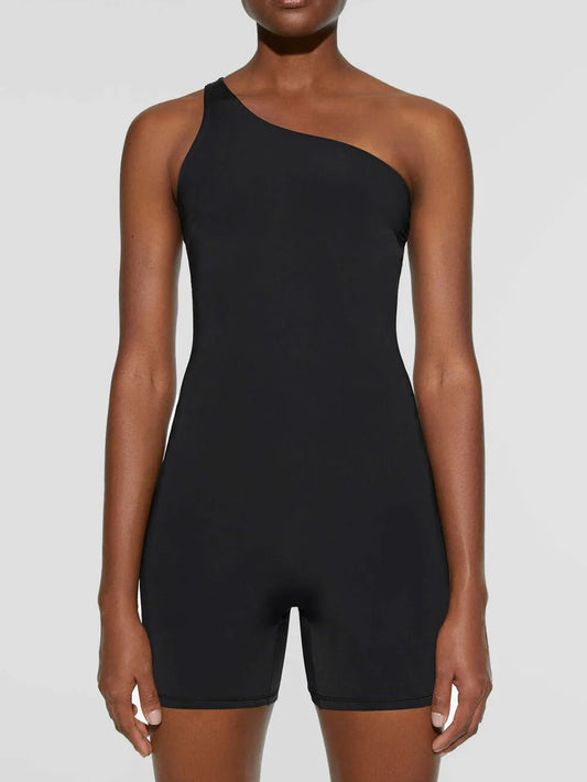 Single Shoulder Active Romper Black Easy Apparels