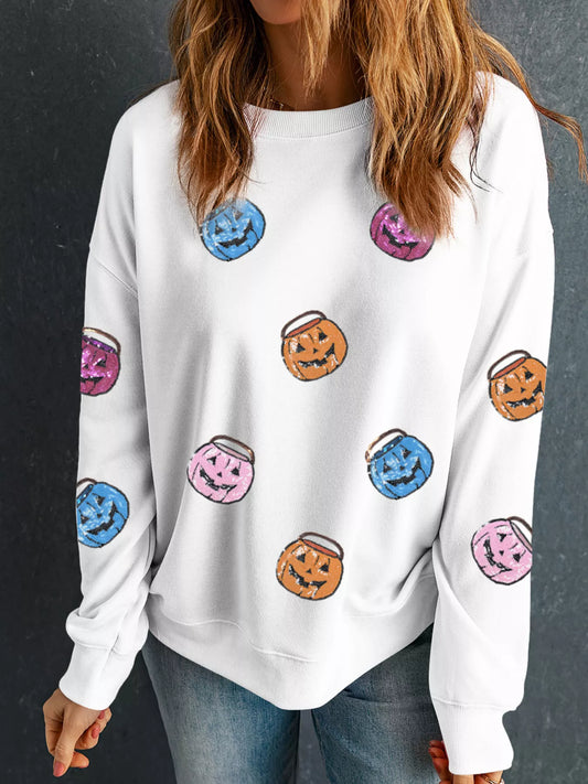 Halloween Pumpkin Lantern Sequin Patched Sweatshirt White Easy Apparels