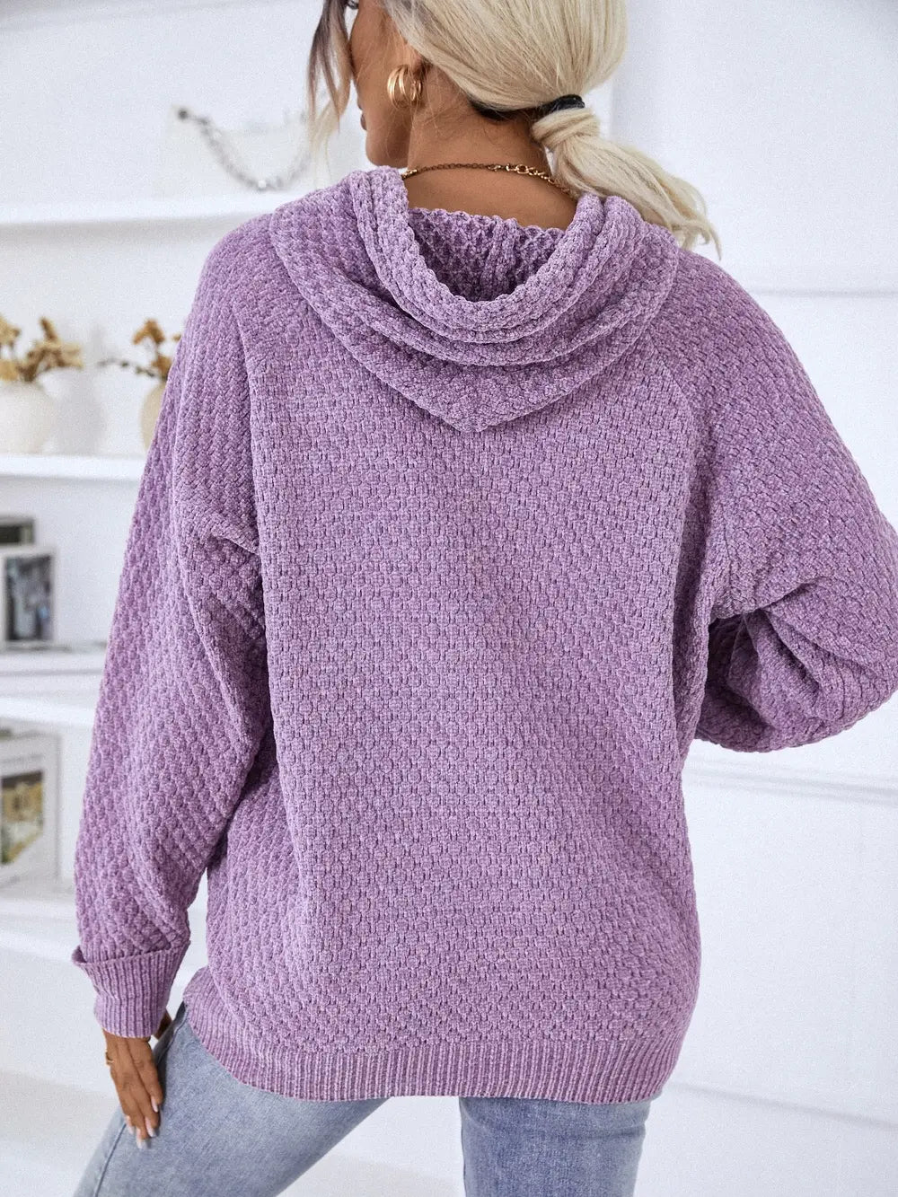 Texture Drawstring Long Sleeve Hooded Sweater Easy Apparels