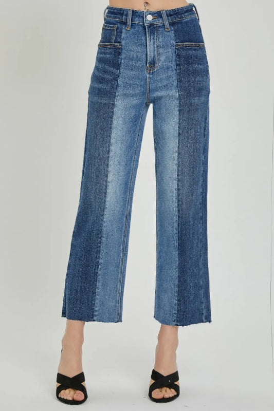 RISEN Full Size Mid-Rise Waist Two-Tones Jeans with Pockets Dark Combo Easy Apparels