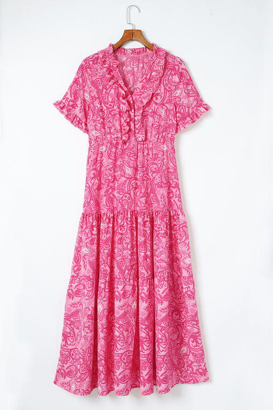 Paisley Print Flounce Sleeve Maxi Dress Hot Pink Easy Apparels