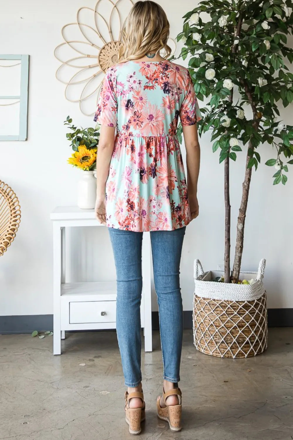 Trendsi Heimish Full Size Floral V-Neck Short Sleeve Babydoll Blouse