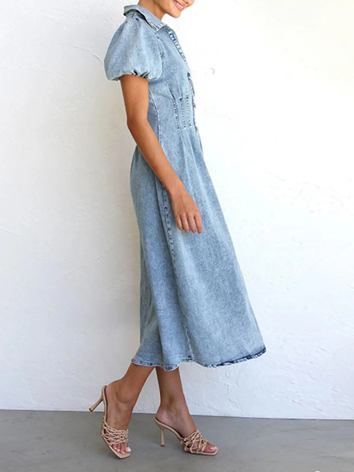Puff Sleeve Button Front Denim Midi Dress Easy Apparels