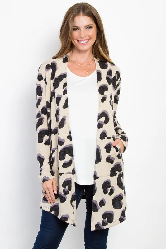 Be Stage Printed Open Front Knit Cardigan with Pockets Taupe Easy Apparels