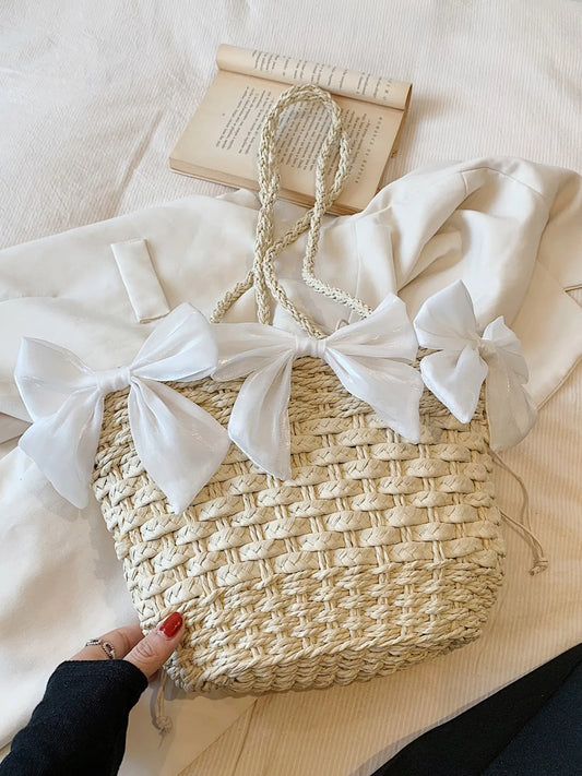 Bow Braided Shoulder Bag Beige onesize Easy Apparels