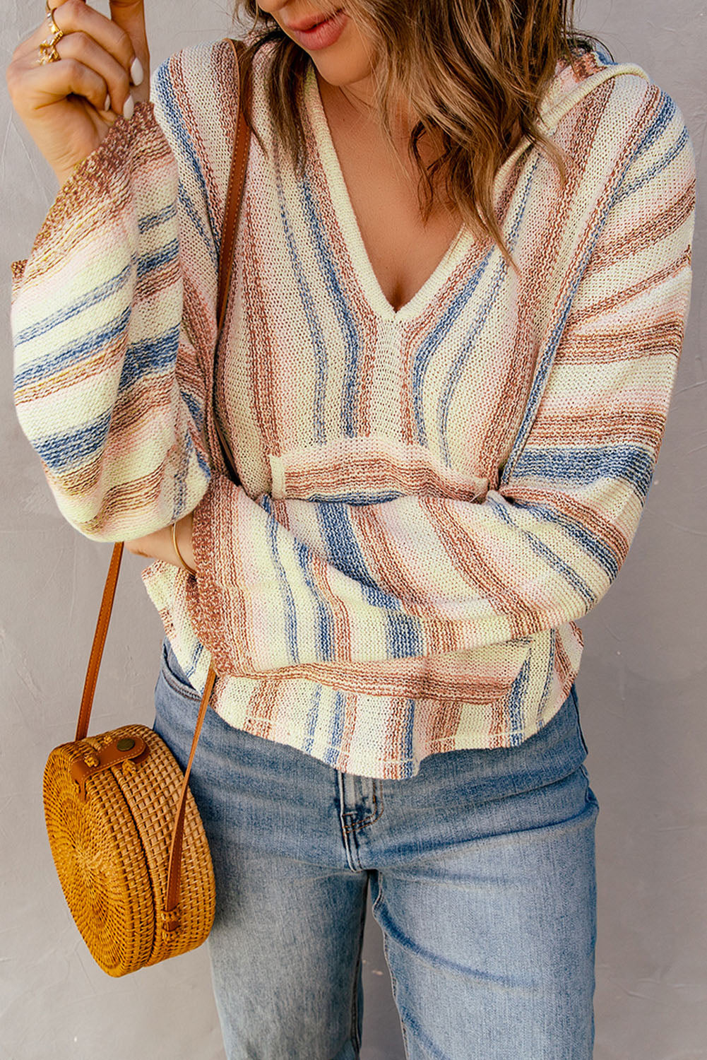Striped Hooded Sweater with Kangaroo Pocket Easy Apparels