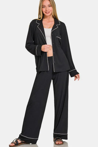 Zenana Button Down Long Sleeve Top and Pants Lounge Set Black Easy Apparels