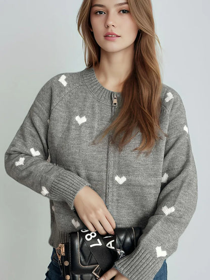 Heart Round Neck Zip Up Cardigan Easy Apparels