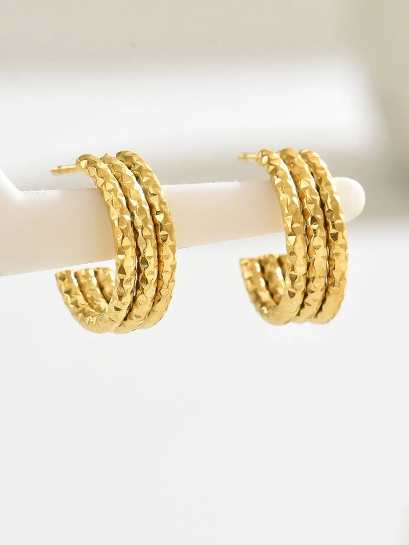 18K Gold-Plated Textured Triple Band Hoop Earrings Easy Apparels