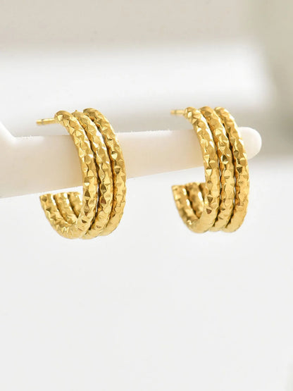 18K Gold-Plated Textured Triple Band Hoop Earrings Easy Apparels