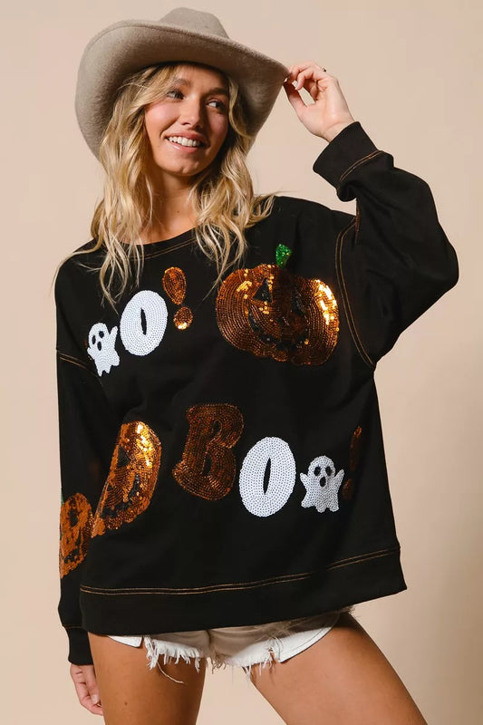 Trendsi BiBi Halloween Theme Sequin Embroideries Sweatshirt BLACK