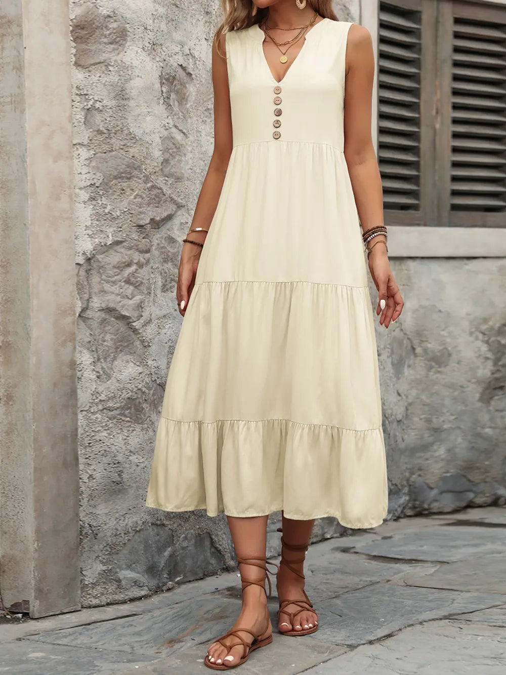 Ivy Lane Decorative Button Notched Sleeveless Dress Easy Apparels