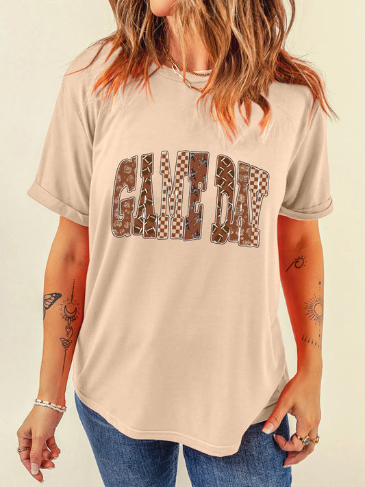 Trendsi Full Size GAME DAY Checkered Letter Graphic T Shirt Plus Size Tan