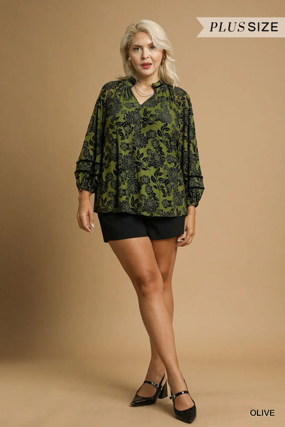 Trendsi Umgee Full Size Floral Velvet Blouse with Balloon Sleeves Plus Size