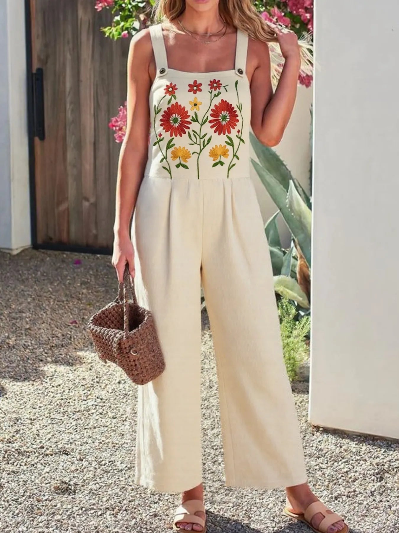 Floral Embroidered Wide Leg Jumpsuit Easy Apparels
