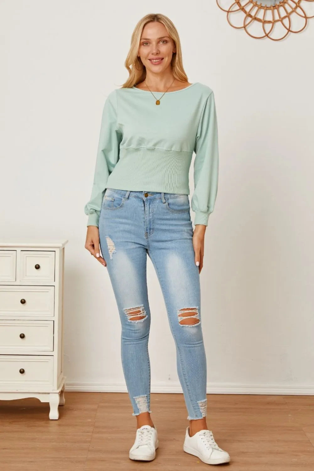 Trendsi Boat Neck Lantern Sleeve Blouse