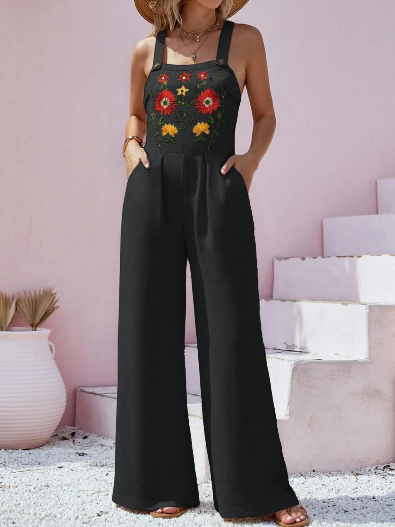 Floral Embroidered Wide Leg Jumpsuit Black Easy Apparels