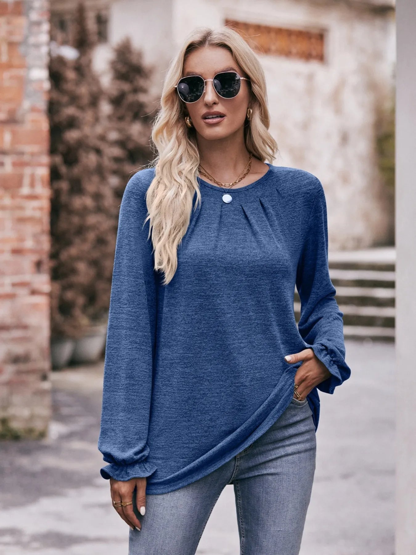 Trendsi Round Neck Long Sleeve Casual T-Shirt Indigo