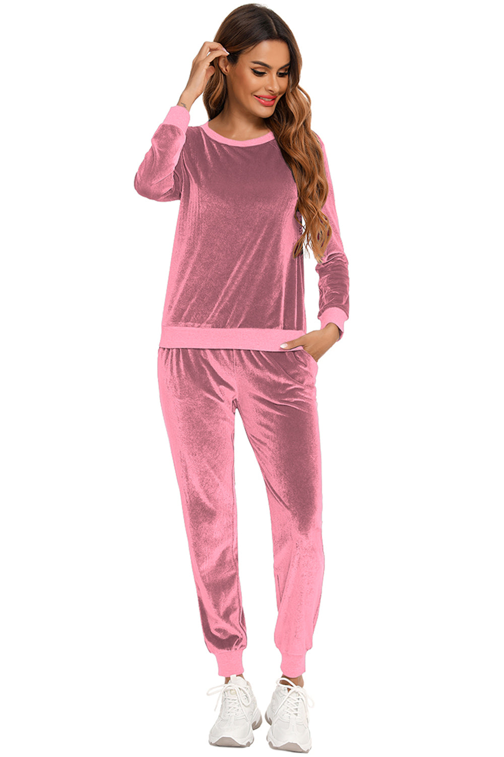 Round Neck Long Sleeve Loungewear Set with Pockets Easy Apparels