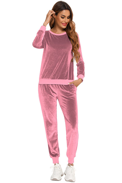 Round Neck Long Sleeve Loungewear Set with Pockets Easy Apparels