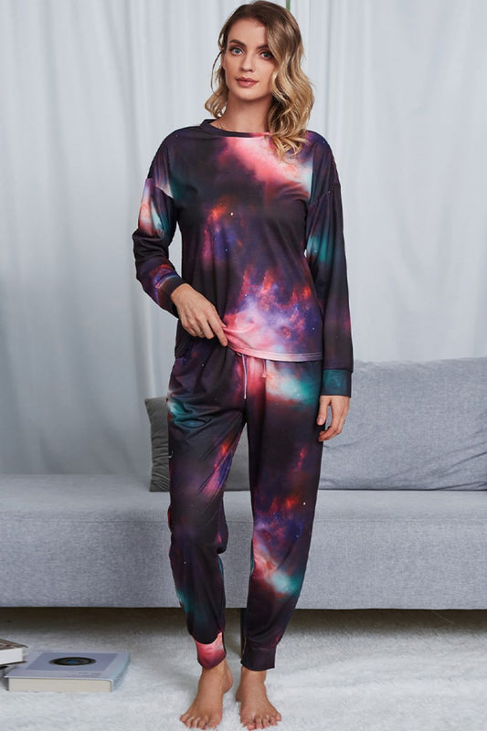 Shiny Tie-Dye Crewneck Top and Drawstring Waist Joggers Lounge Set Indigo Easy Apparels