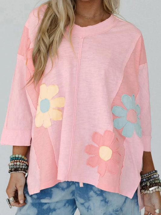 Trendsi Flower Patched Exposed Seam Oversized T Shirt Watermelon pink