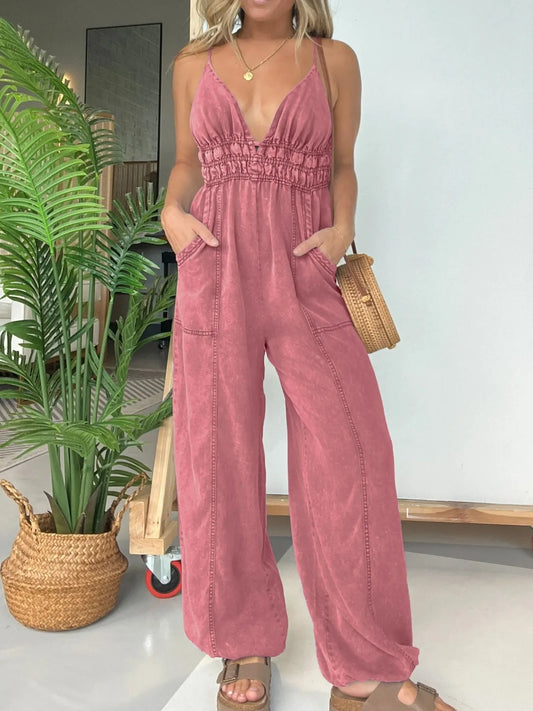 Full Size Wide Leg Spaghetti Strap Jumpsuit Plus Size Gray Pink Easy Apparels