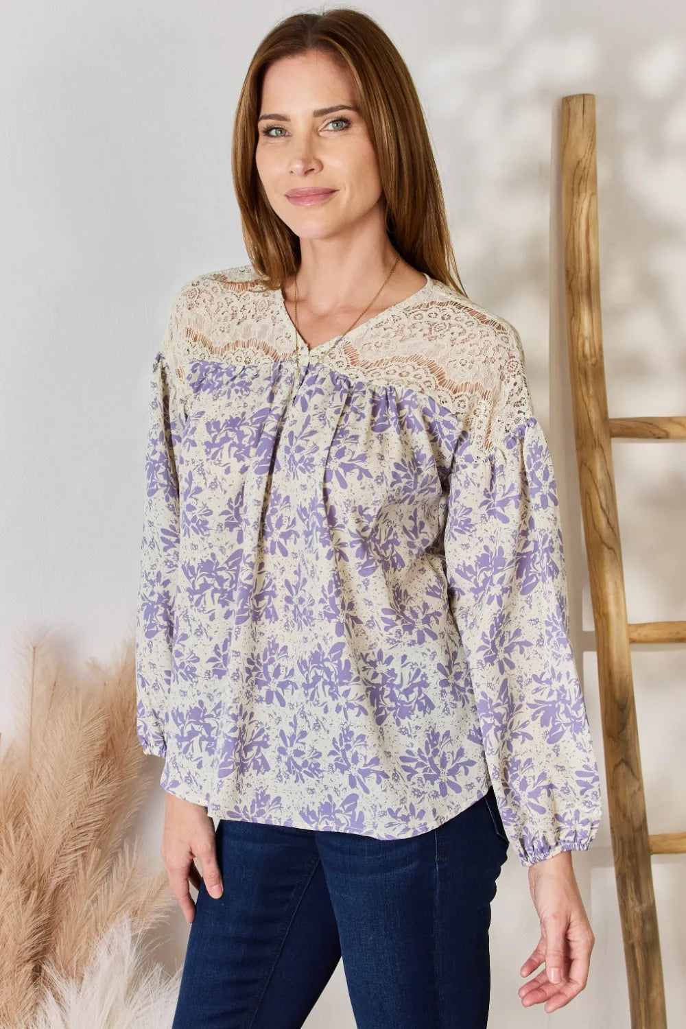 Trendsi Hailey & Co Full Size Lace Detail Printed Blouse