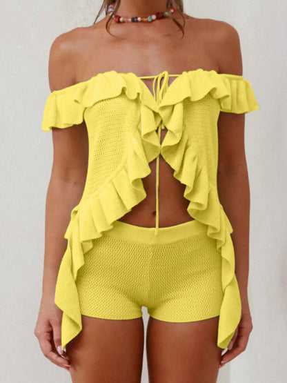 Off-Shoulder Ruffle Top and Shorts Sweater Set Easy Apparels