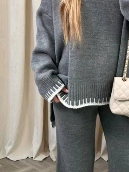 Contrast Trim Round Neck Top and Pants Sweater Set Easy Apparels