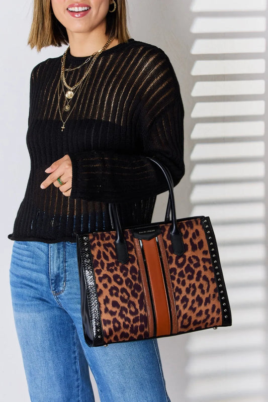 David Jones Leopard Contrast Rivet Handbag Black One Size Easy Apparels