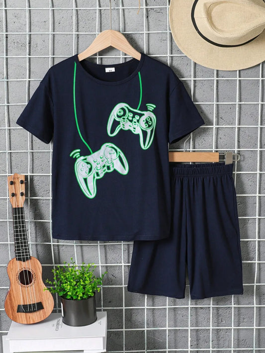 Children's Graphic Round Neck T-Shirt and Pants Set Black Easy Apparels
