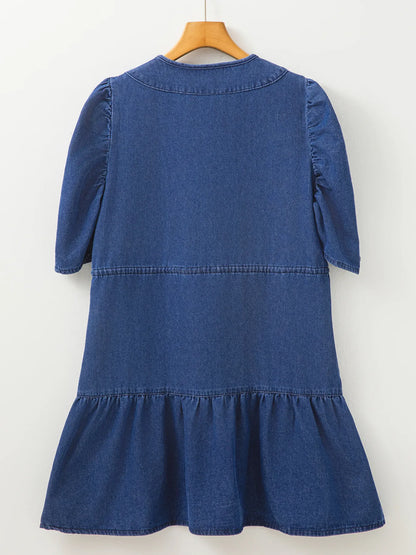 Drawstring High Waist Puff Sleeve Denim Mini Dress Easy Apparels