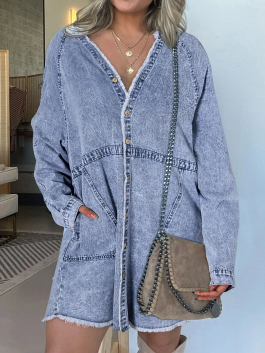 Full Size Button-Front Long Sleeve Denim Shirt Dress Plus Size Blue Easy Apparels