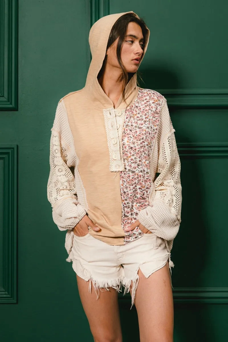 Trendsi BiBi Slub Jersey with Lace Combo Buttoned Hoodie Top