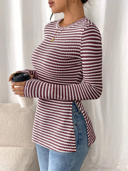 Trendsi Side Slit Striped Long Sleeve T-Shirt
