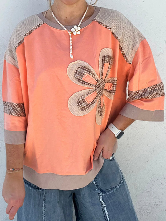 Trendsi Plaid Waffle Flower Patchwork Contrast Top Sherbet