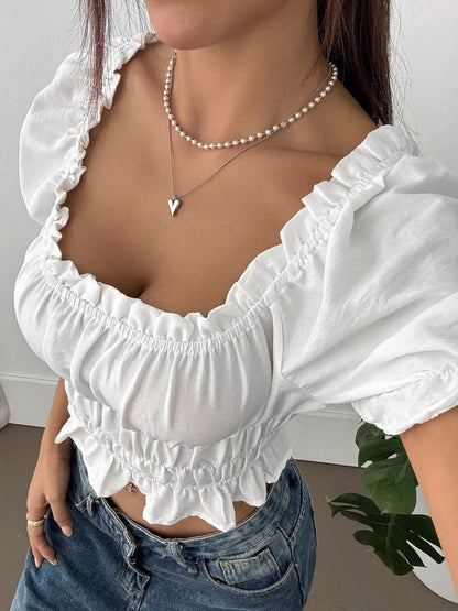 Frill Ruffled Hem Puff Sleeve Crop Blouse Easy Apparels