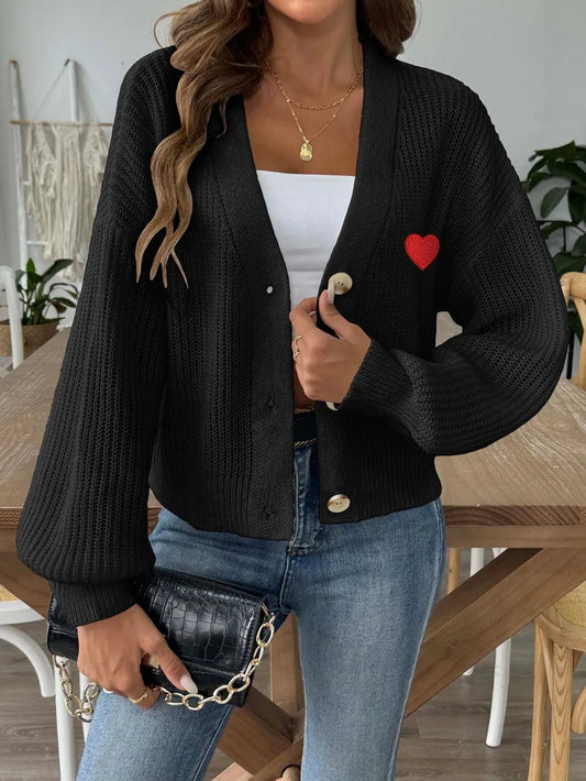 Heart Button Down V-Neck Long Sleeve Cardigan Black Easy Apparels