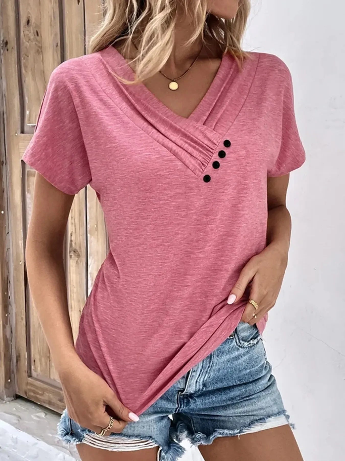 Trendsi Decor Button Short Sleeve T-Shirt Red