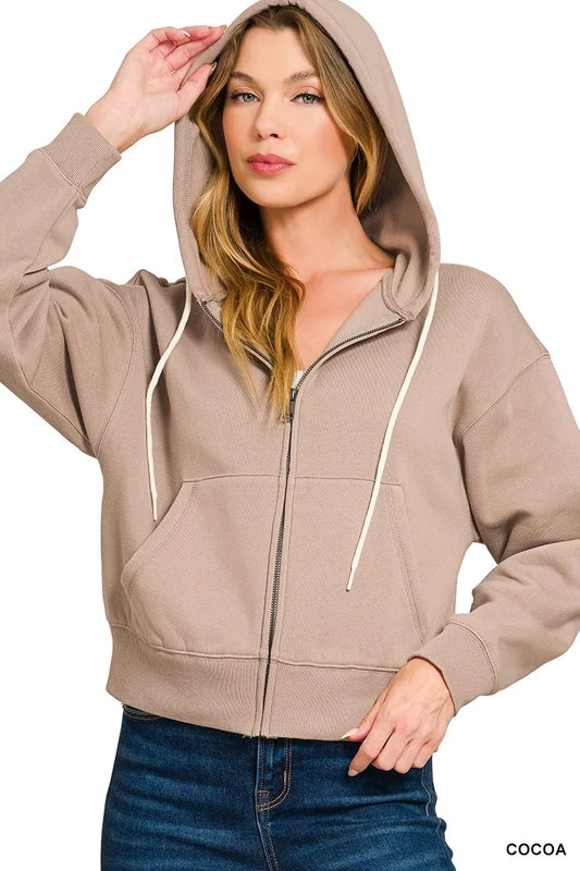 Trendsi Zenana Fleece Cropped Zip-up Hoodie with Pockets COCOA